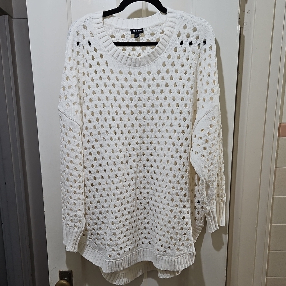 Torrid White Crew Neck Sweater with Open Knit Design